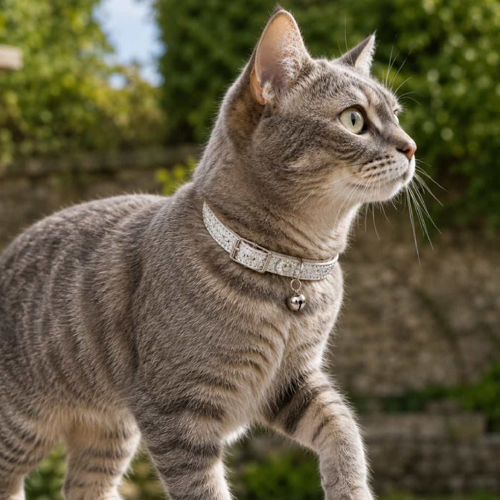 Set 3 Collari per Gatti con Campanellino, Collare Regolabile Effetto Glitter Argento 32 cm, Fibbia in Metallo, Elegante e Confortevole per Gatti e Gattini