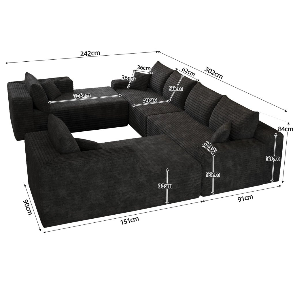 Divano modulare con montaggio senza attrezzi e imbottitura in schiuma elastica in tessuto nero 302 × 242 × 83 cm