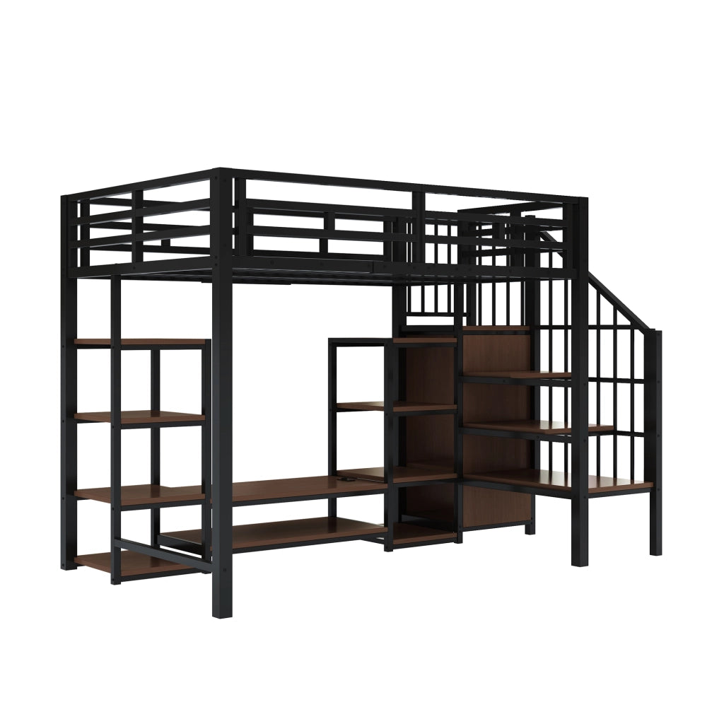 OKWISH Letto a soppalco 90×200 cm, Letto Singolo con Mobile TV, Presa, Scala contenitore e Spondina, senza Materasso, Nero