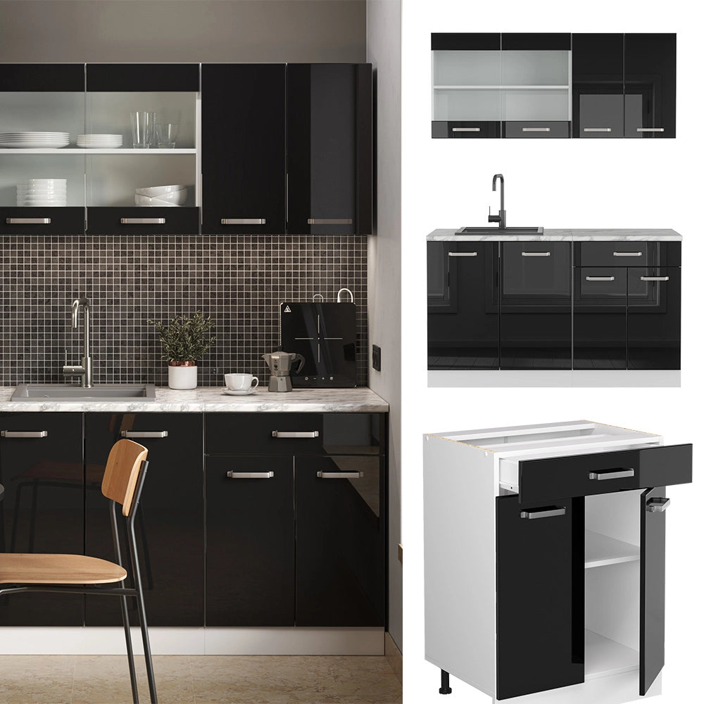 Vicco Cucina monoblocco Nero lucido/bianco 140 cm , PL Rovere