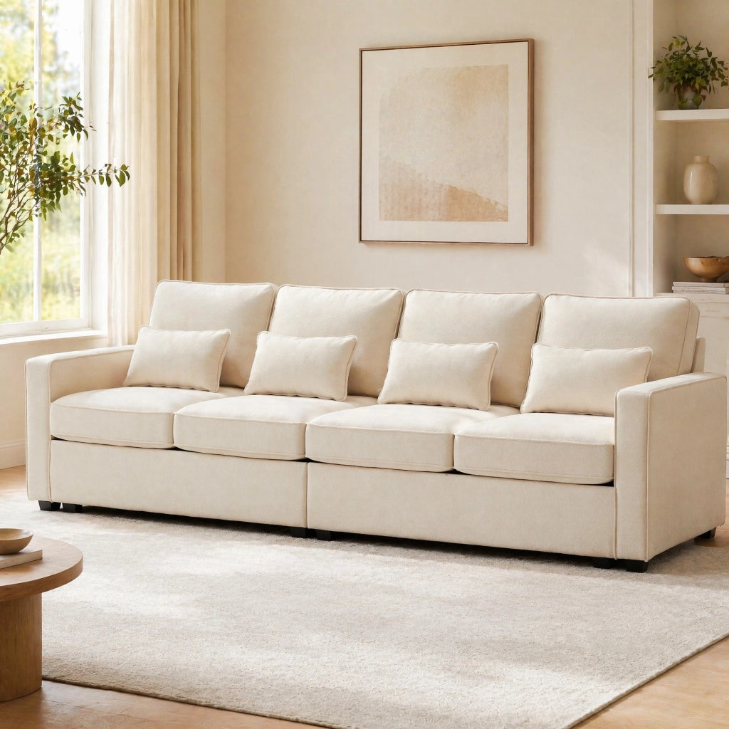 SOFA 4 posti in tessuto lino Beige con 4 cuscini lombari