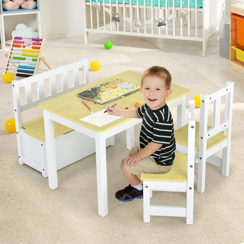 Set 4 Pezzi Tavolo e Sedie per Bambini, 2 in 1 Tavolino Attività di Legno per Bambini con 2 Sedie e 1 Panca, Per Bambini per Giocare Disegnare Leggere e Mangiare (Naturale)
