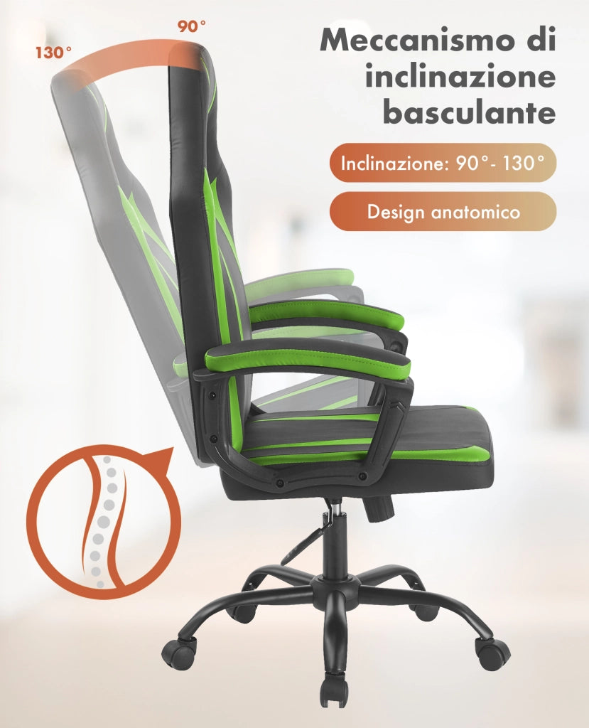 Sedia Gaming Adulto Professionale SimilPelle Reclinabile Con Braccioli Poltrona Ufficio Regolabile in Altezza Pistone Gas Gamer Portata 150 Kg Verde