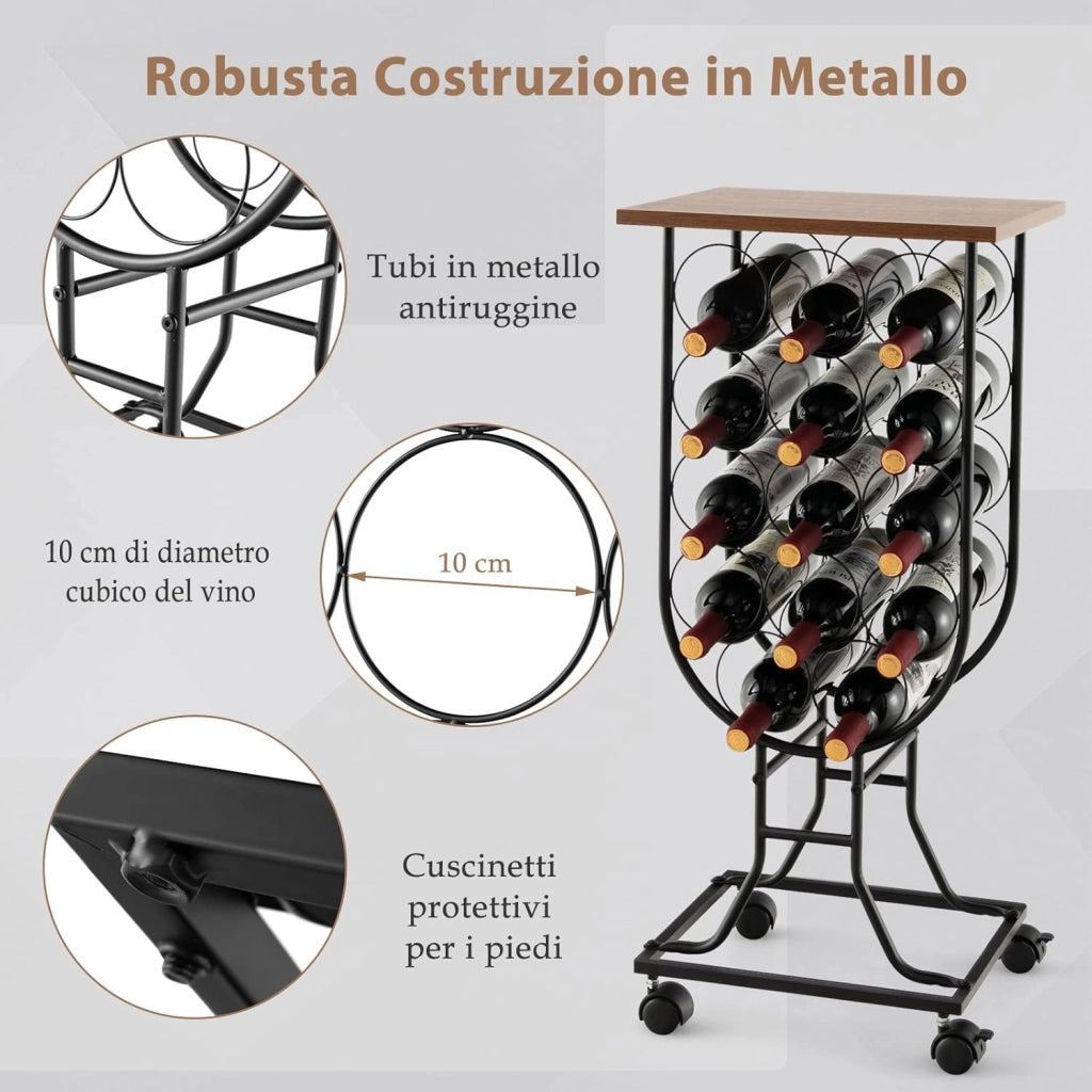 Portabottiglie per Vino con Ruote Staccabili e Bloccabili, Cantinetta Vino Stile Rustico per 14 Bottiglie, con Piano in Legno e Struttura in Metallo, Mobile Bar per Soggiorno e Cucina