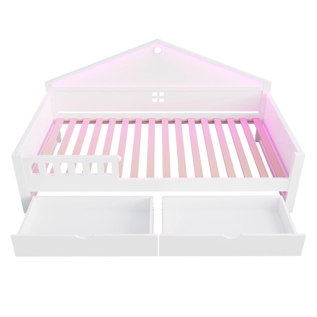 Letto singolo 90x200 cm con LED; 2 cassetti; in legno massello e MDF; bianco