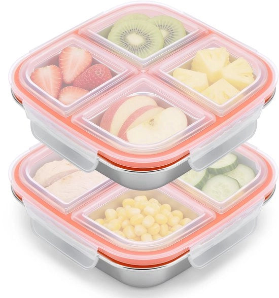 Scatola di snack 4 contenitori - 2 pezzi - acciaio inossidabile - impermeabile - cestino per pane riciclabile - scatola di latta per pranzo 600 ml