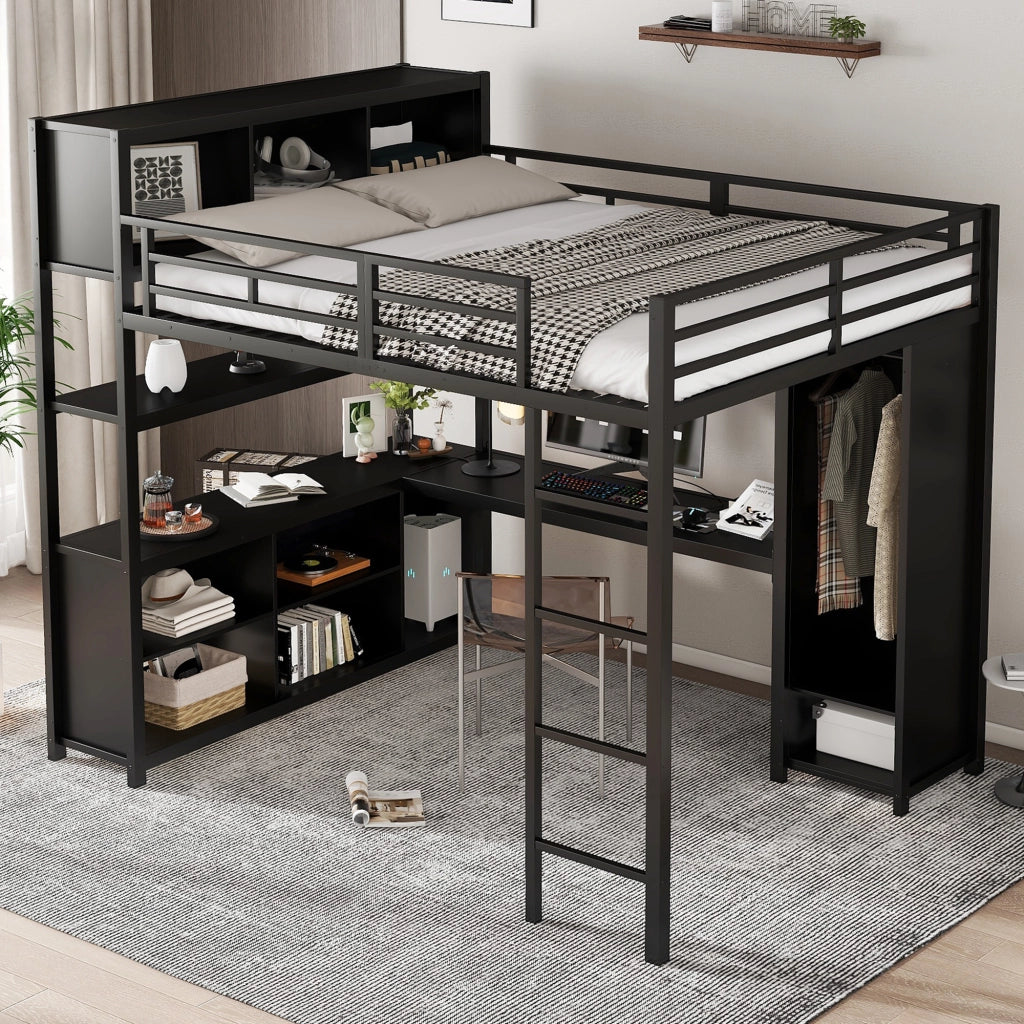 OKWISH Letto a Soppalco 140×200 cm, Letto Matrimoniale con Scrivania, Doppio Spazio Contenitore, Armadio e Vano Contenitore, senza Materasso, Nero