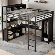 OKWISH Letto a Soppalco 140×200 cm, Letto Matrimoniale con Scrivania, Doppio Spazio Contenitore, Armadio e Vano Contenitore, senza Materasso, Nero