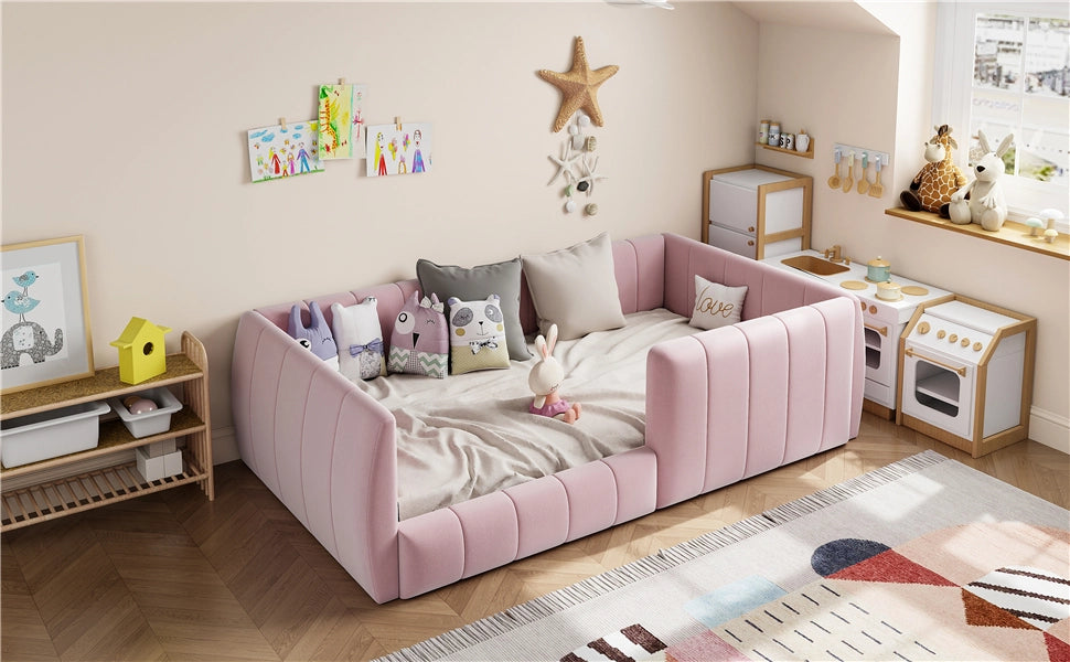 DESMIU Letto singolo 90 × 200 cm con barriera di sicurezza, schienale imbottito, senza materasso, in MDF, rosa