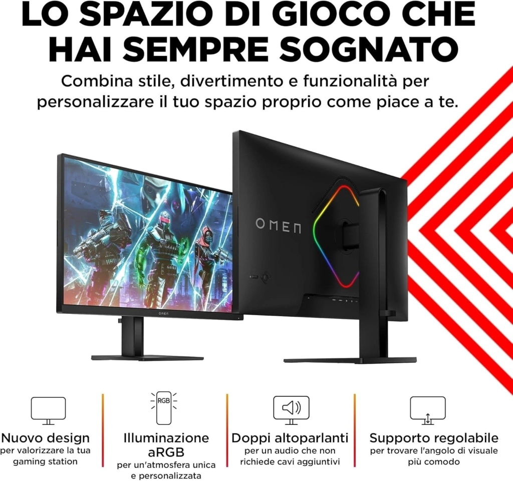 OMEN 27qs Monitor da 27 Pollici, Pannello IPS da 16:9 QHD da 240 Hz, 1 ms, Display HDR 400, Antiriflesso, 400 Nits, AMD FreeSync, NVIDIA G-SYNC, VESA 100x100 mm, HDMI 2.0, USB-A e B