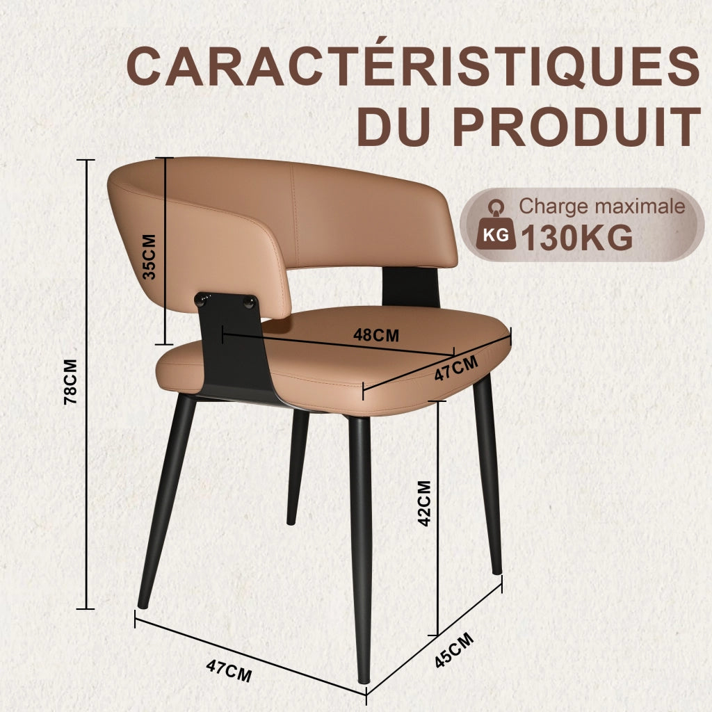 Sedia da pranzo ergonomica in PU marrone con schienale curvo e gambe in metallo