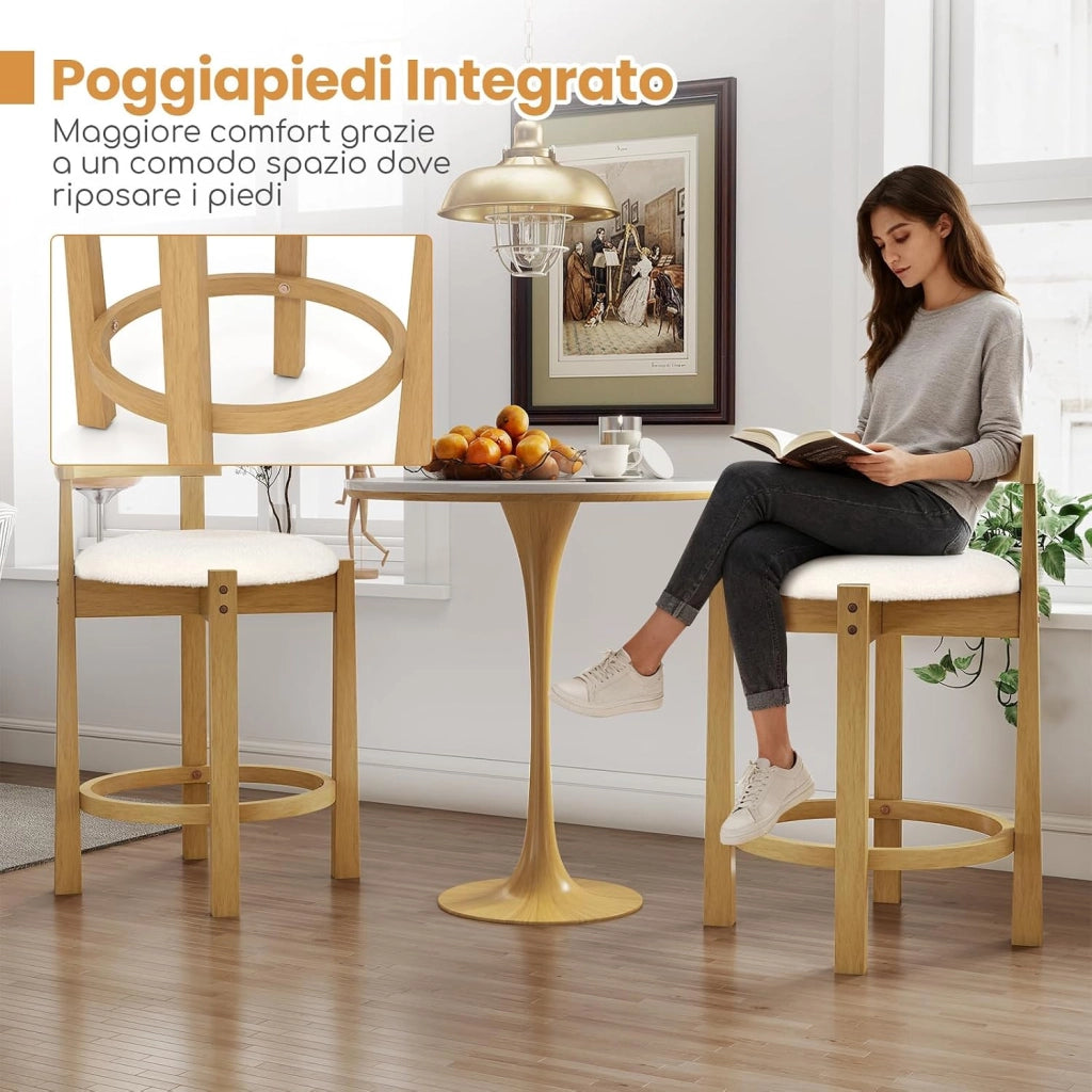 Set da 2 Sedie da Pranzo, Sedie Moderne da Bar Imbottite in Velluto Teddy con Schienali e Poggiapiedi, Sgabelli Senza Braccioli per Isola Cucina e Sala da Pranzo, Portata 150 kg