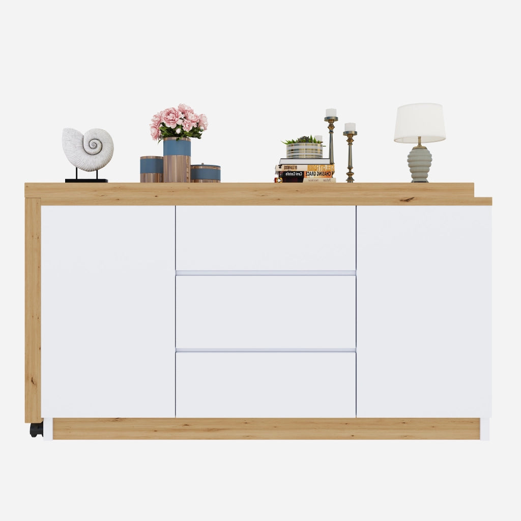 Scrivania pieghevole girevole con ruote, 2 ante e 3 cassetti, 120x50x76,5 cm, bianco e rovere