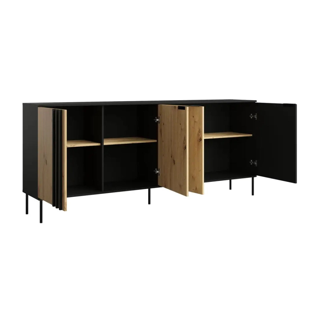 Buffet design IZO – 4 porte – Nero onice & Rovere chiaro – 220x92x40 cm