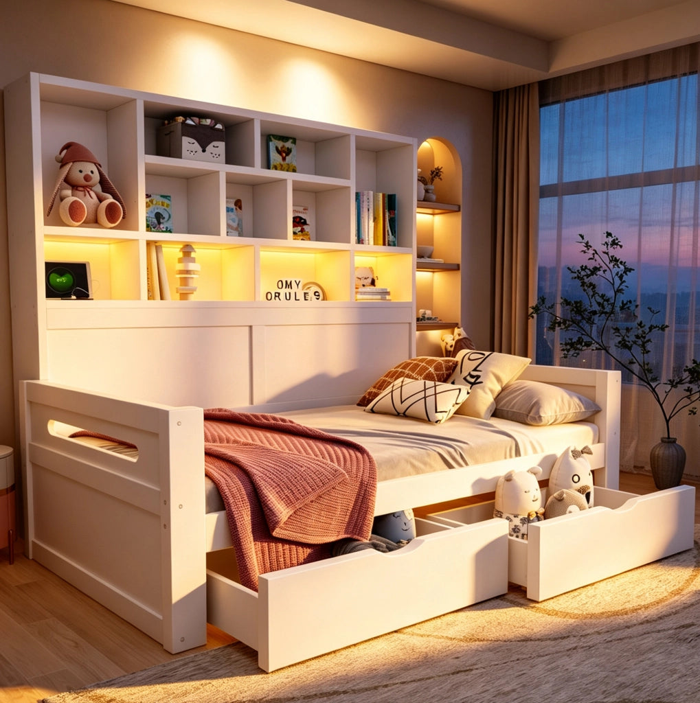 Letto singolo multifunzione 90x200 cm con LED; prese e 2 cassetti in MDF bianco