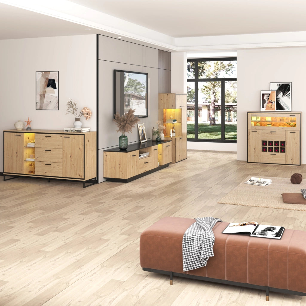 Credenza con 2 Ante; Ripiani; Portabottiglie e LED per Sala da Pranzo in Pannello di Particelle 110 × 38 × 111 cm Naturale