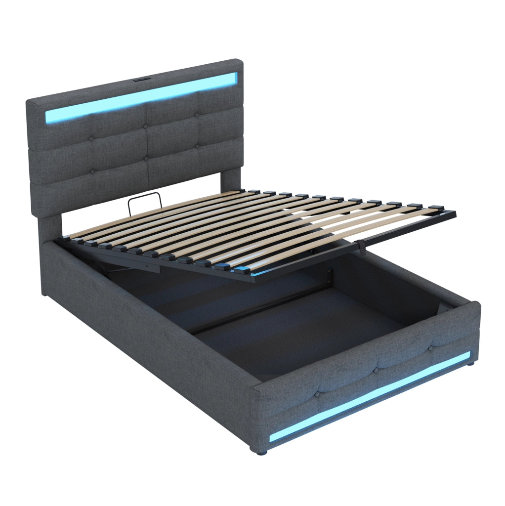 Letto imbottito 90x200 cm con LED RGB; USB e testiera regolabile in tessuto grigio