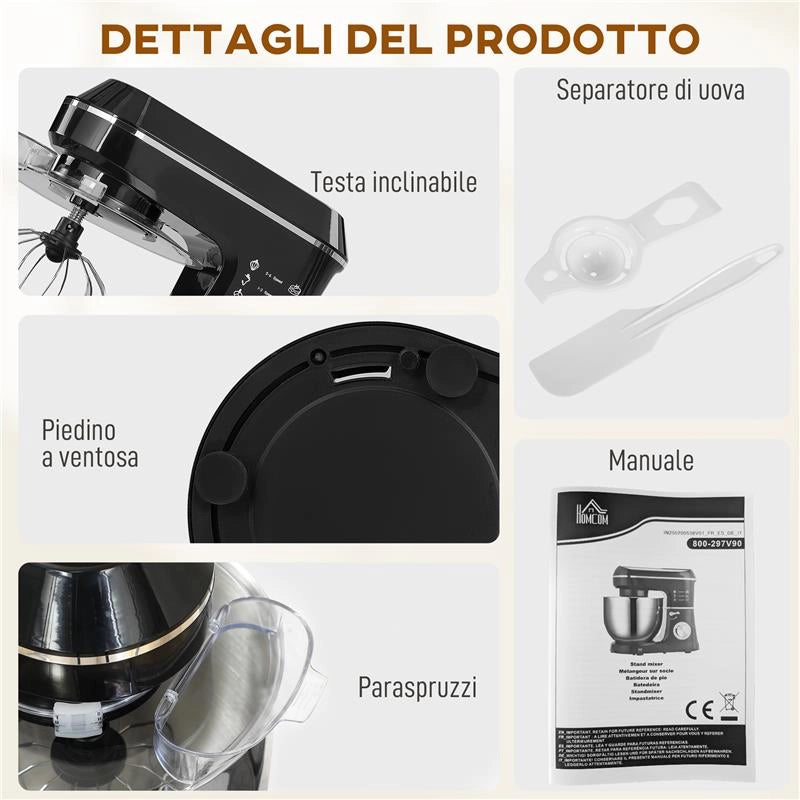 IMPASTATRICE PLANETARIA 1400W CON CIOTOLA 7L E 6 VELOCITA', GANCIO IMPASTATORE, FRUSTA E SBATTITORE, NERO