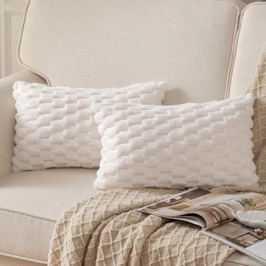Set di 2 cuscini di plaid bianco crema super soffici decorativi con copri cuscino in velluto 30 x 50 cm per divano poltrona camera da letto.