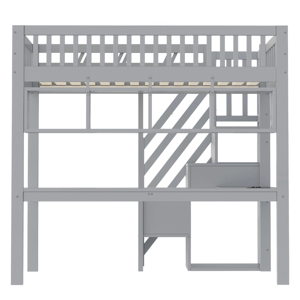 Letto a soppalco 90x200 cm con scrivania; LED e contenitore in legno