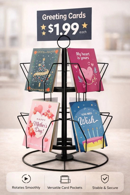 Standard per cartoline, Supporto per cartoline, Stand per cartoline rotante per cartoline, adesivi, buoni regalo retail per festività, nero, 12 contenitori di display