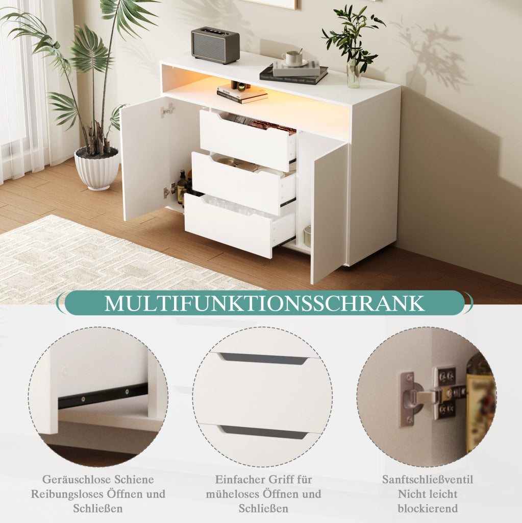 Madia bianca 120x40x85 cm con ripiano aperto; 3 cassetti; ante e luce LED