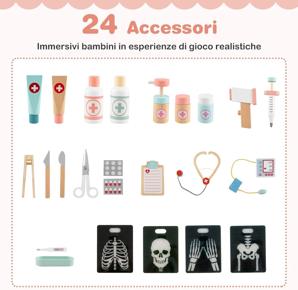 Set da Gioco Dottore in Legno, Centro Medico per Bambini con Orologio, Lavandino, Tabella Oculistica, Monitor ECG, Area Esame e 24 Accessori Giocattolo, 97 × 30,5 × 88 cm (Rosa)