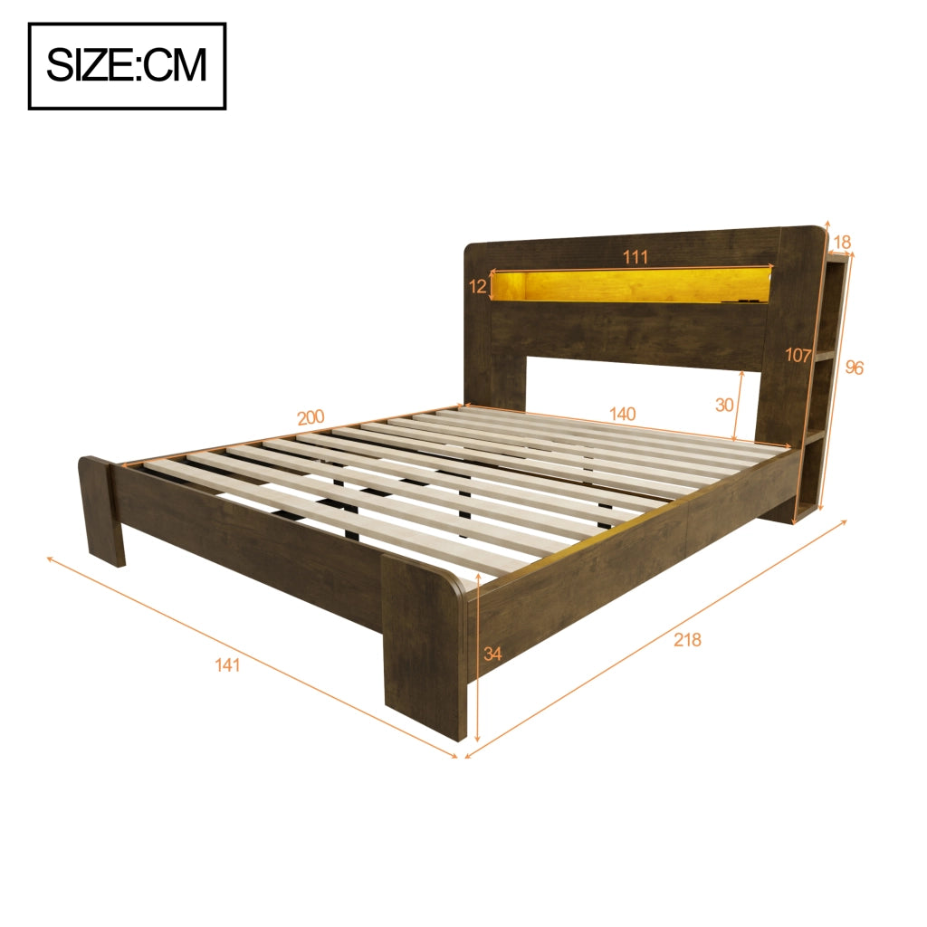 LETTO Piattaforma con testiera contenitore, LED e prese, 140x200 cm, Legno vintage