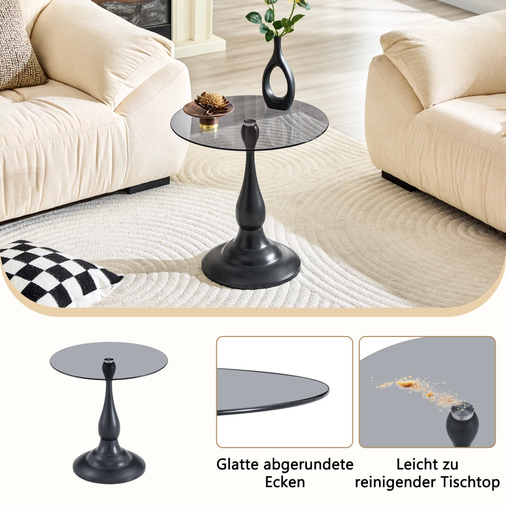 Tavolino basso in vetro temperato con base in metallo rotondo per soggiorno e camera da letto nero 53,5 × 53,5 × 21 cm