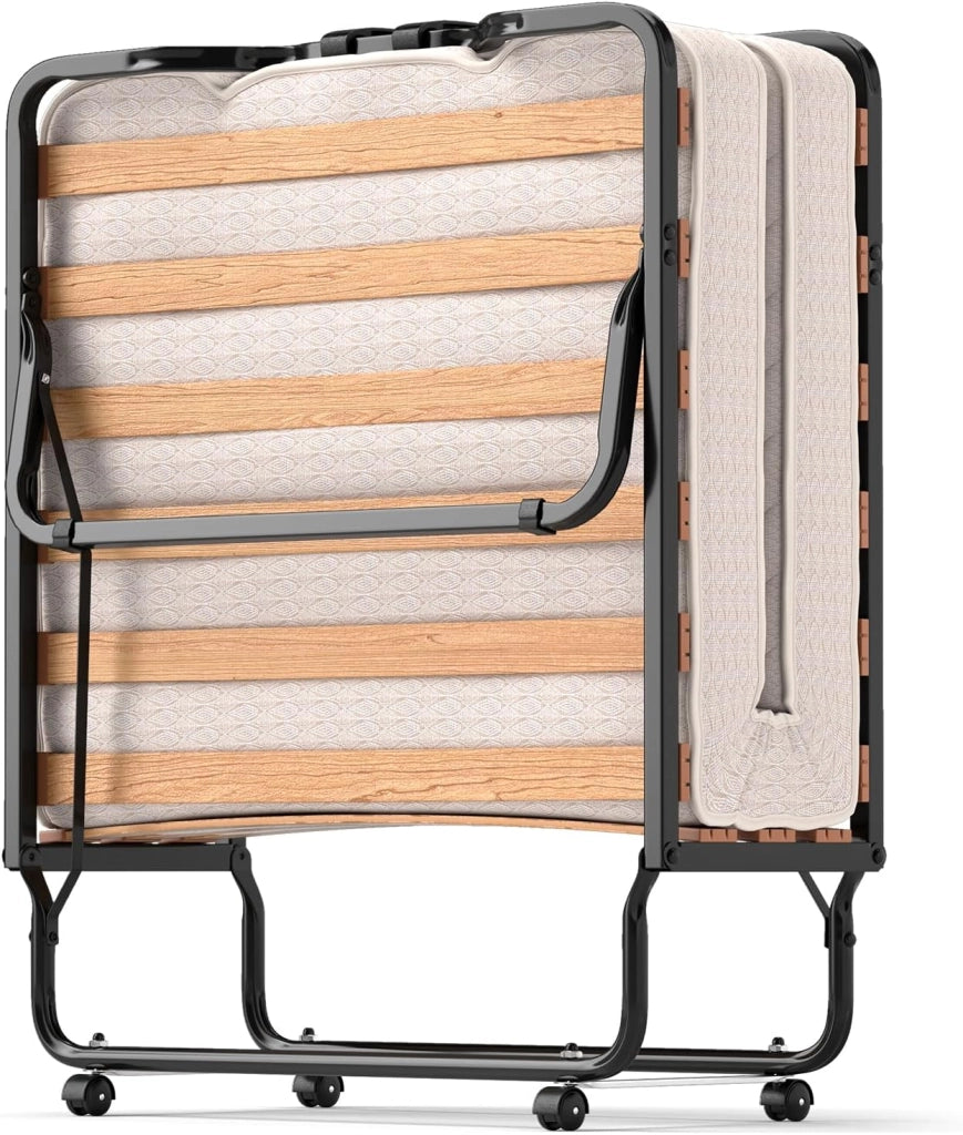Letto Pieghevole 90x200 cm con Memory Foam, Lettino Pieghevole per Gli Ospiti con 4 Ruote, Sgabello e Bracci, Letto da Viaggio per Adulti, Doppia Sedia a Doghe, Nero e Beige, Made in Italy