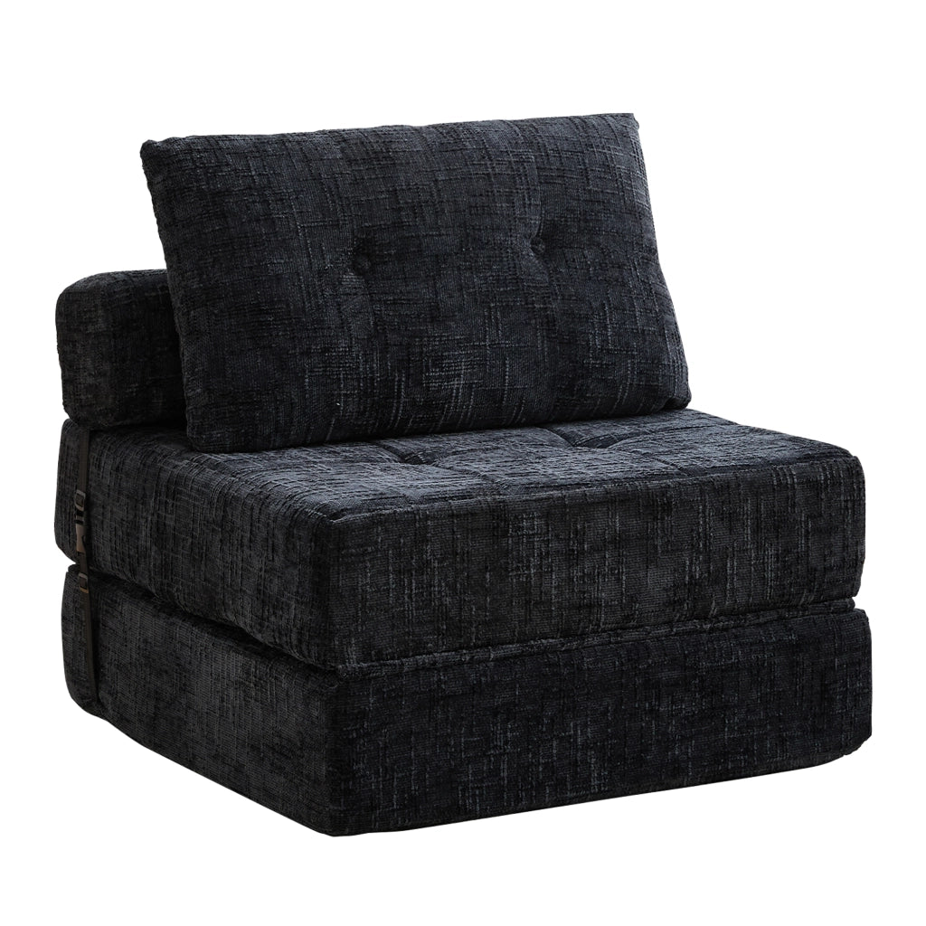 Divano Letto Pieghevole con Schienale e Cuscini Testa e Lombare; in Ciniglia Nero; 79 × 79 × 57 cm