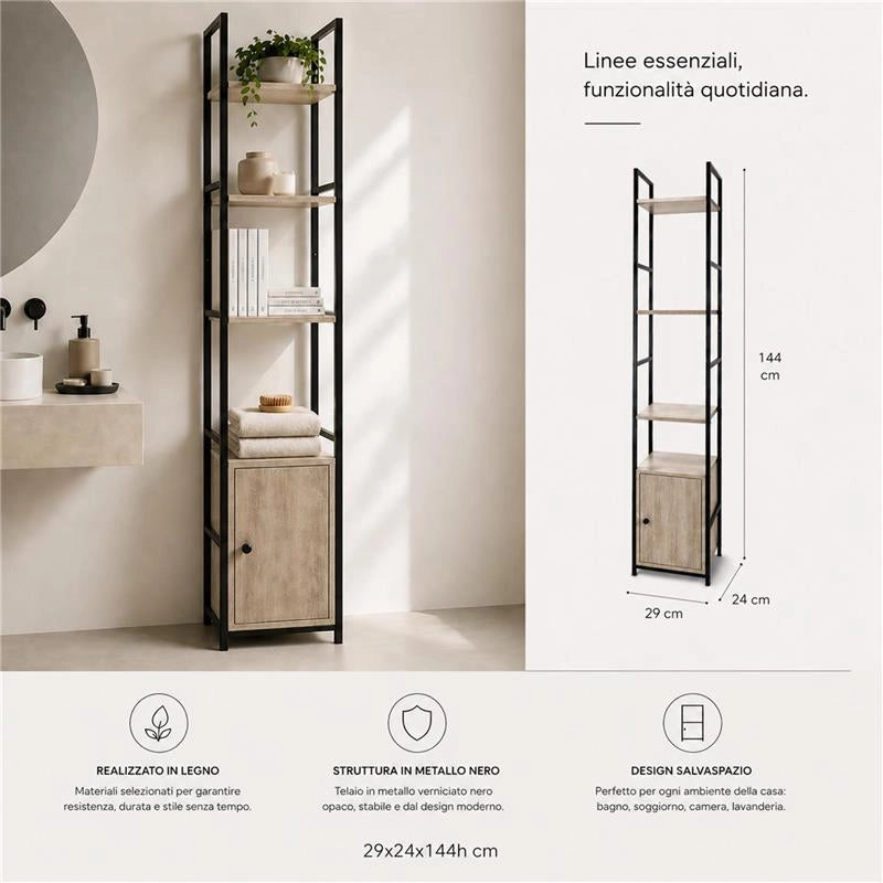 SCAFFALE STILE INDUSTRIAL IN LEGNO E METALLO CON 3 RIPIANI E 1 ANTA DIMENSIONI 29X24X144CM - COLORE ROVERE