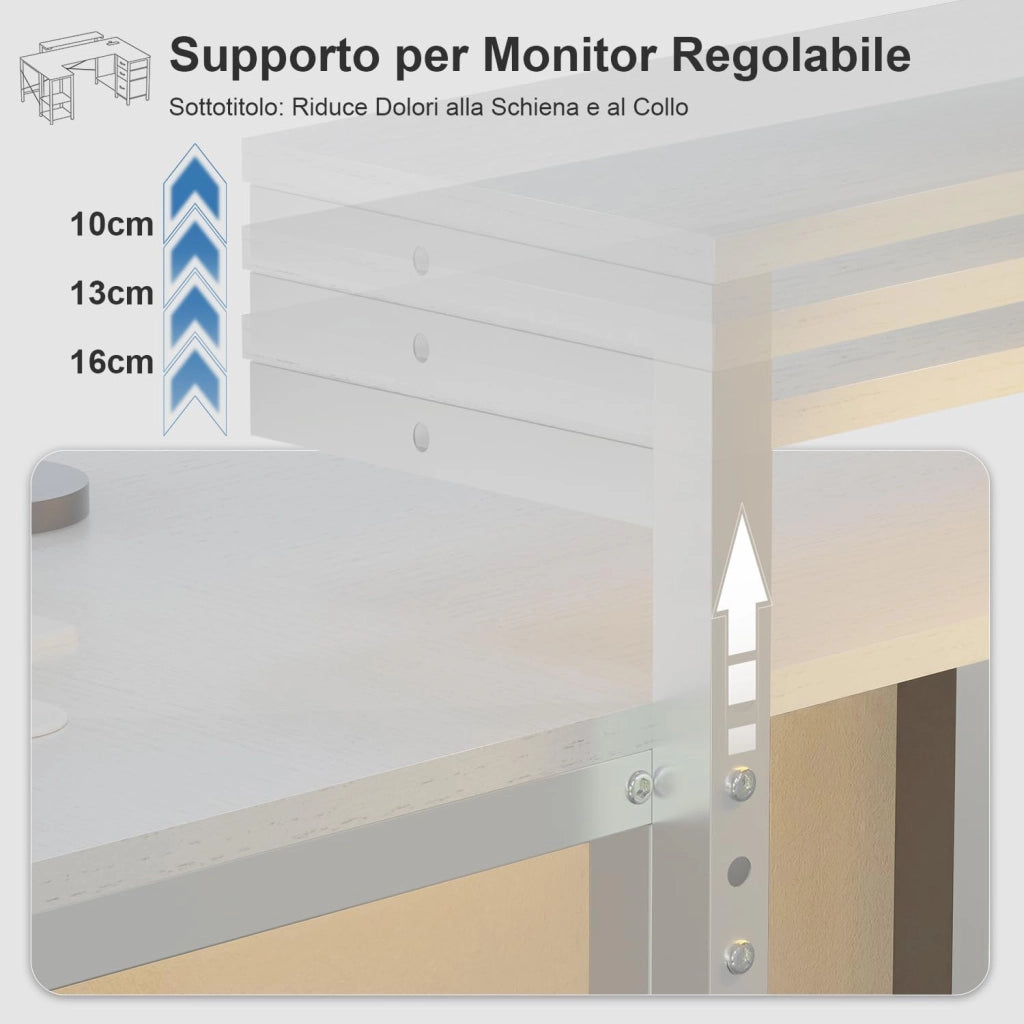 Scrivania Angolare 170x95 cm, Tavolo A L Da Gioco con 3 Cassetti, Illuminazione LED, Supporto Monitor, 2 Prese + 2 USB, Adatta per Ufficio/Studio, Ideale per Camere, Bianca