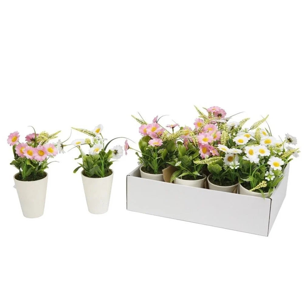Trade Shop - Set 12pz Mini Pianta Fiori Artificiale Con Vaso In Pp Bianco Decorativo ø6,5x21cm 207217 -