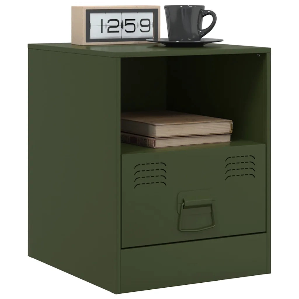 Set di 2 Comodini | Armadio da Notte | Mobiletto da notte Verde Oliva 34,5x39x44 cm in Acciaio