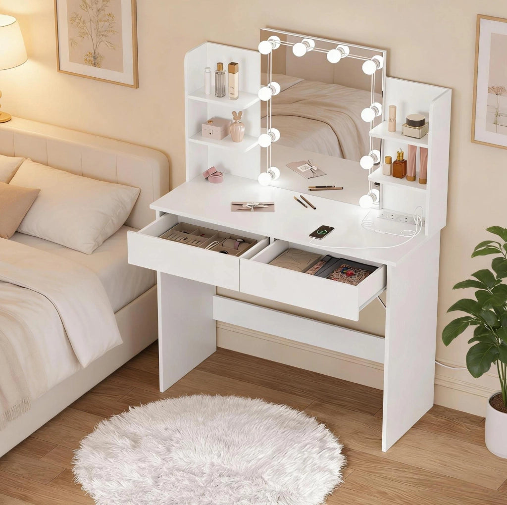 Tavolo da trucco bianco con specchio, luci e prese USB