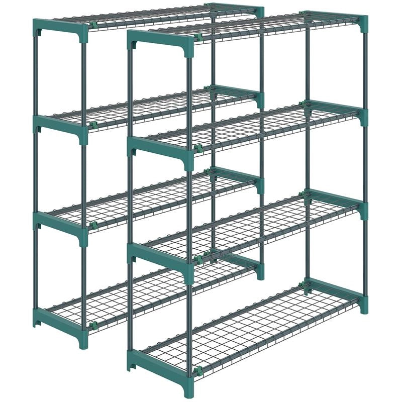 SET DI 2 SCAFFALI PER PIANTE A 4 LIVELLI IN ACCIAIO CON GANCI, 90X28X104 CM, VERDE