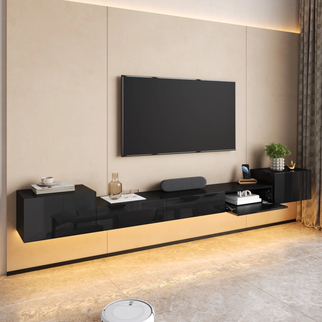 Mobile TV sospeso con 2 ante e 3 ribalte, LED multicolore e passacavi, finitura lucida, nero, 245 × 30 × 26 cm