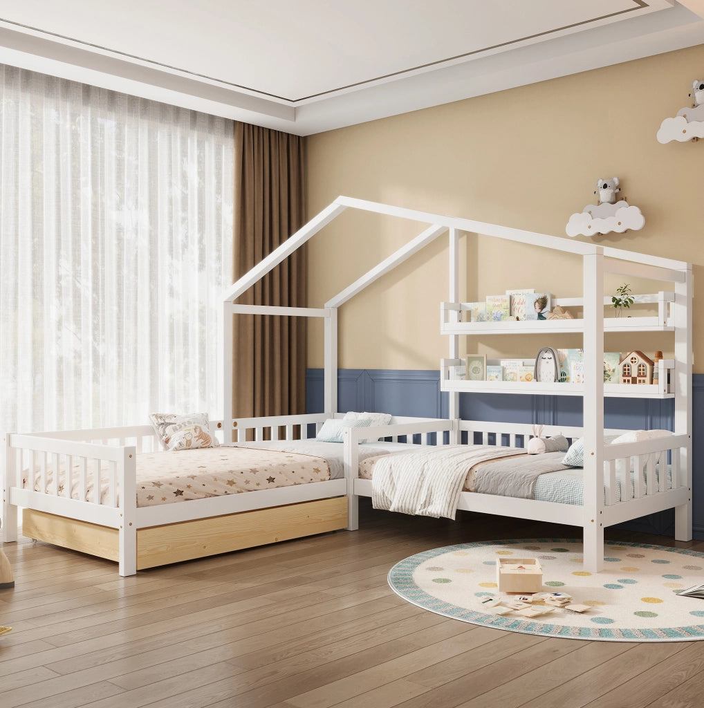 Letto a casetta a L per bambini con cassetto e scaffali bianco