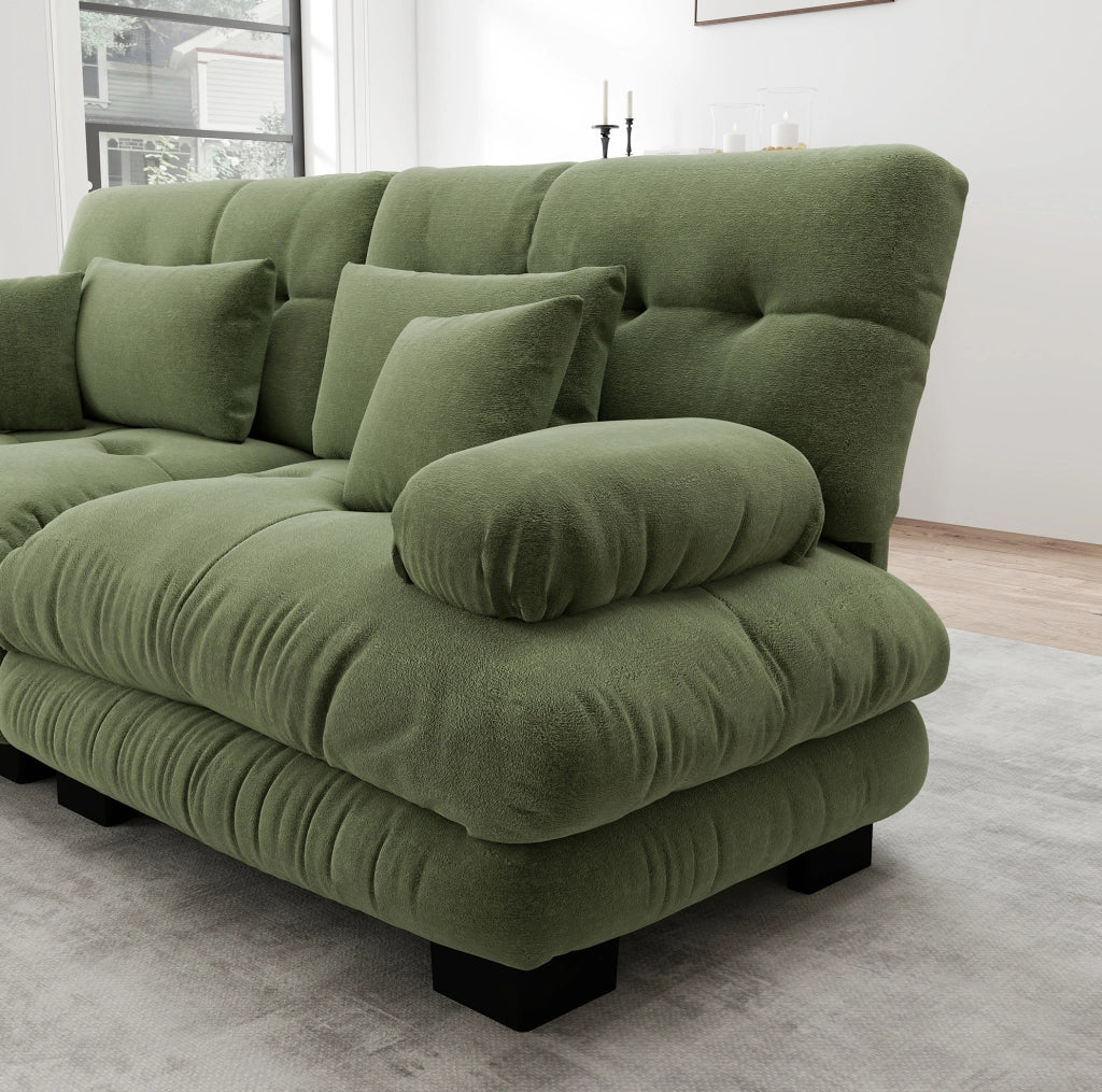 Divano modulare in chenille verde con ottomane mobili; configurazione a U; L o lineare