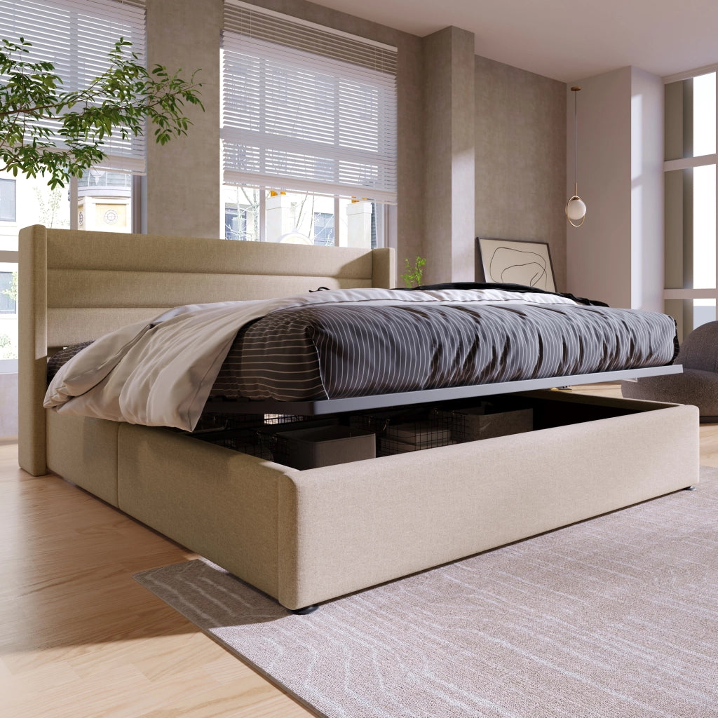 Letto contenitore imbottito idraulico 140x200 cm in lino, colore beige, con rete sollevabile
