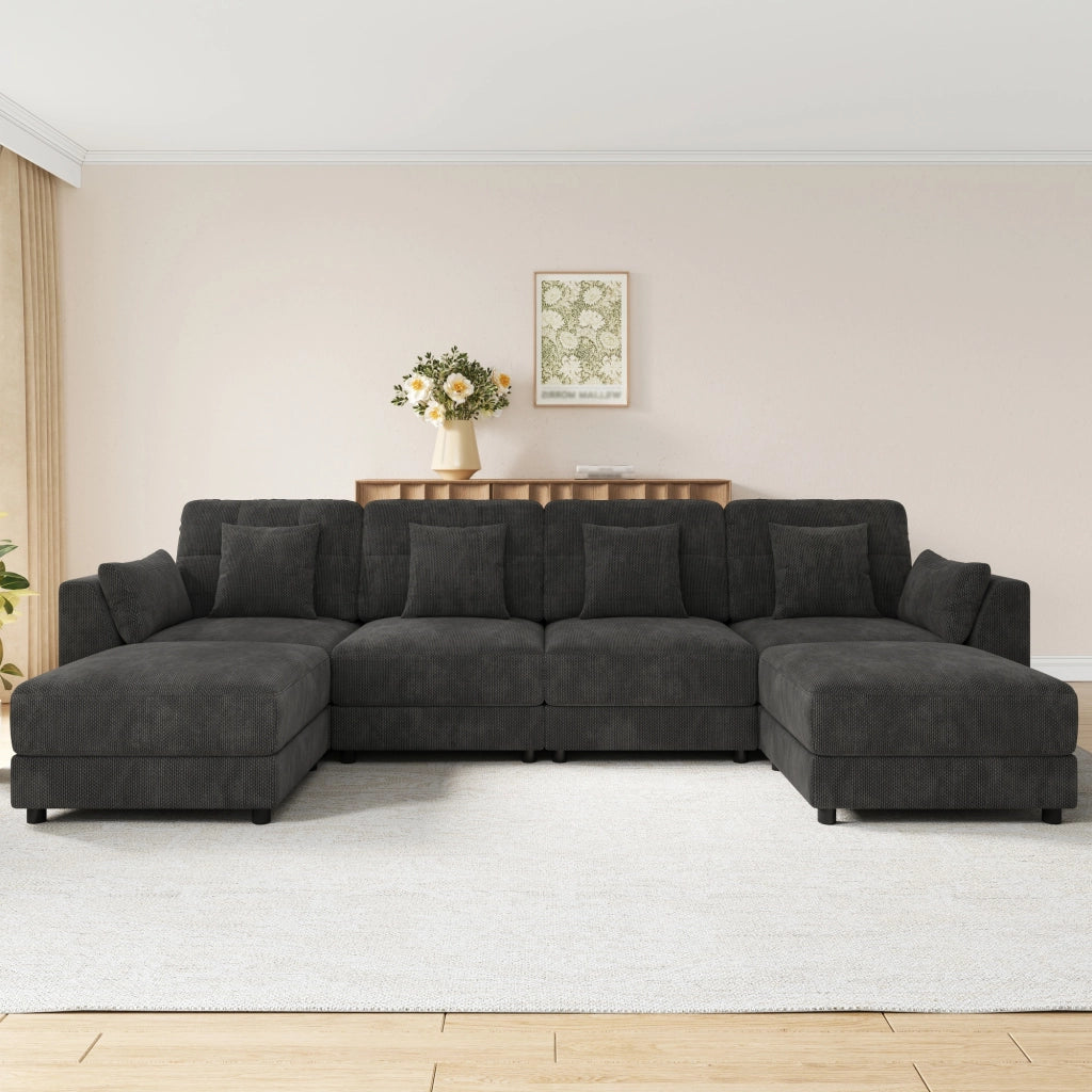 Divano angolare modulare a U e L con 2 pouf mobili, luci LED e tavolino pieghevole, in ciniglia grigio