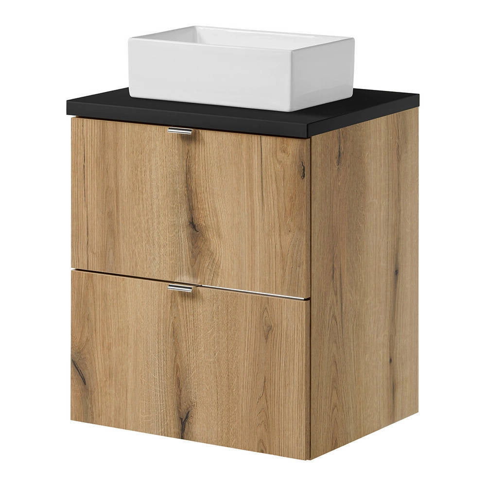 Mobile Pensile Sottolavabo Newport con 2 Cassetti e Lavabo Rettangolare Bianco 50x71x40 cm - Effetto Rovere/Nero [en.casa]