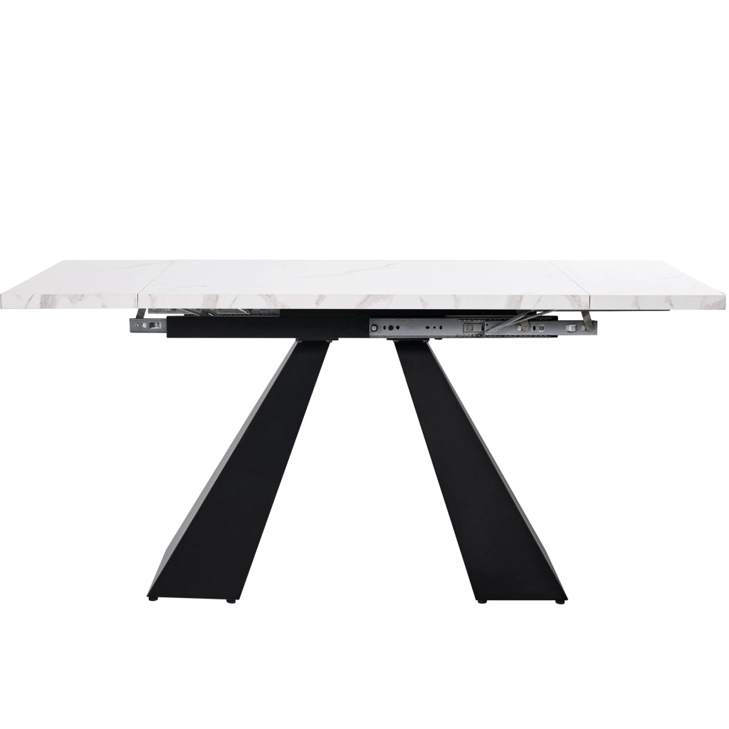 Tavolo allungabile in MDF e metallo con piano effetto marmo, per pranzo e home office, bianco nero, 99-159 × 74 × 77 cm