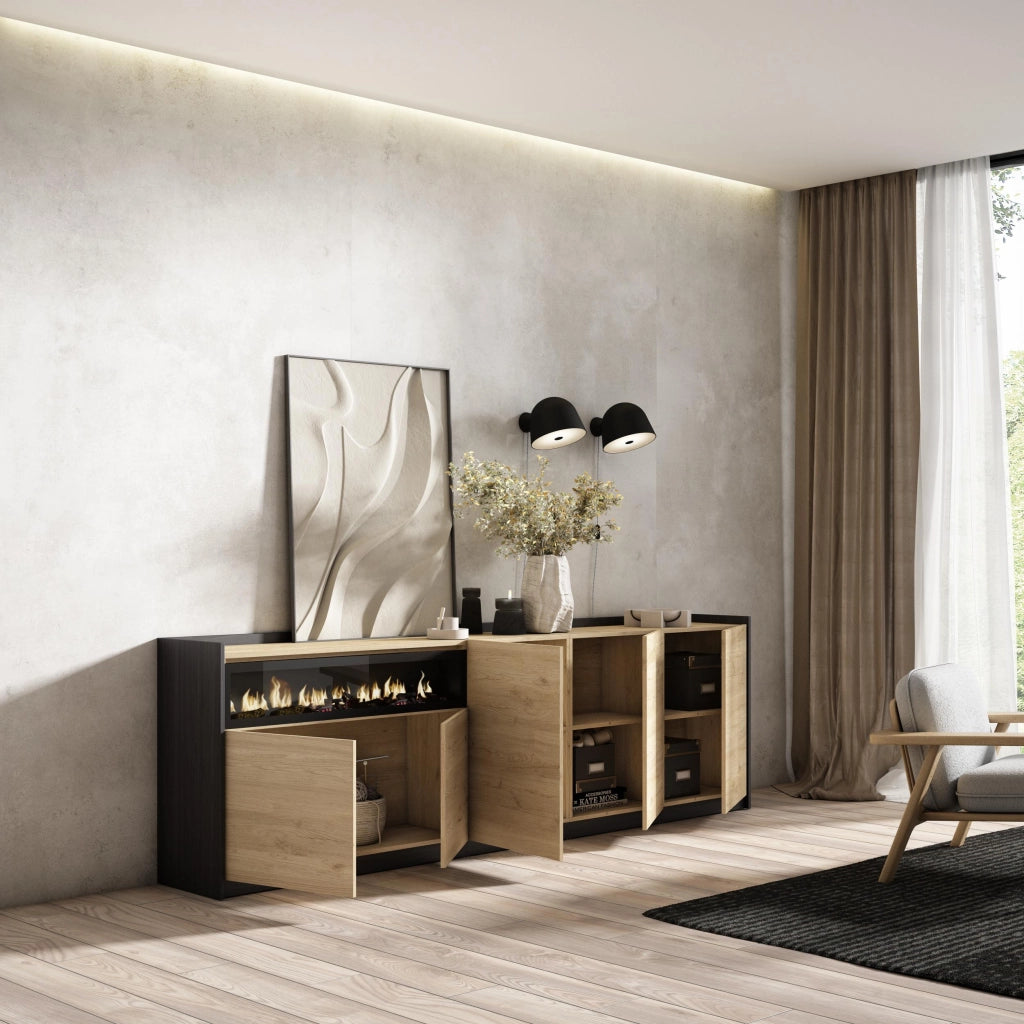 Credenza, Mobile, Cucina, 260x80x37 cm, 5 Porte, Camino elettrico, Rovere e nero