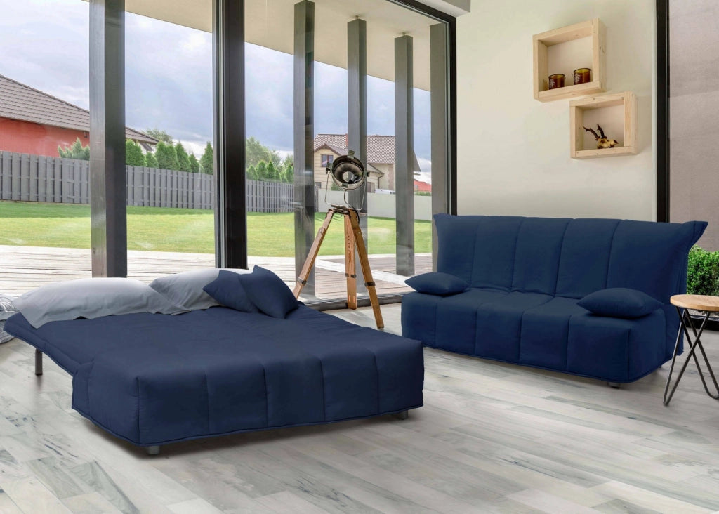 Divano Letto Antal, Divano a 3 posti, Made in Italy, SofÒ  Soggiorno con apertura a carrello con apertura a carrello, in tessuto imbottito, con cuscini inclusi, cm 165x90h85, colore Blu