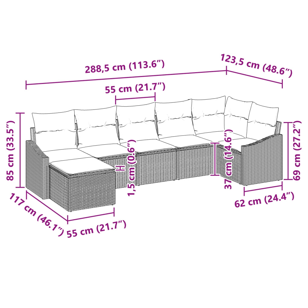 Set Divano da Giardino 7 Pezzi con Cuscini Nero Polyrattan