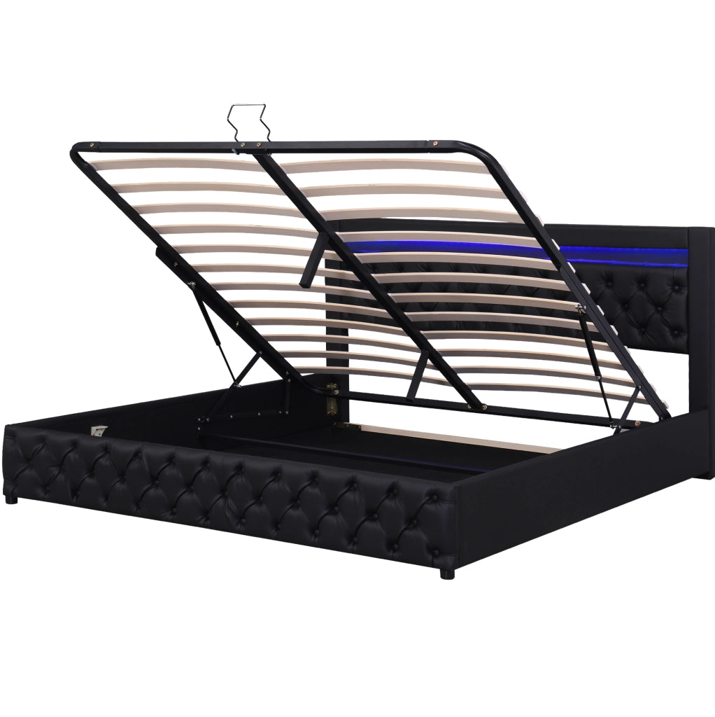 Letto imbottito 180x200 cm con contenitore; rete a doghe e LED; nero PU