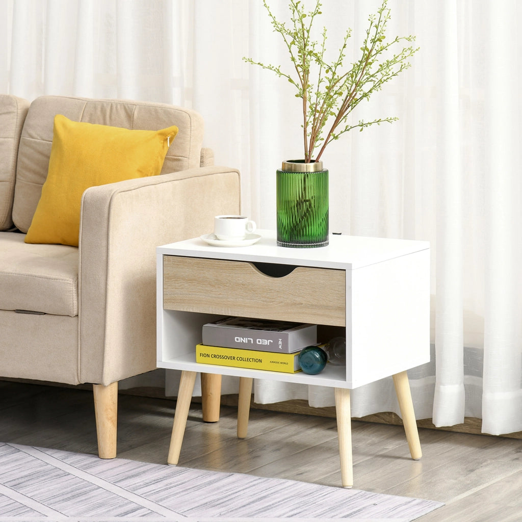 Comodino con cassetto ¨C zephmum ¨C bianco e legno 50x39x51 cm