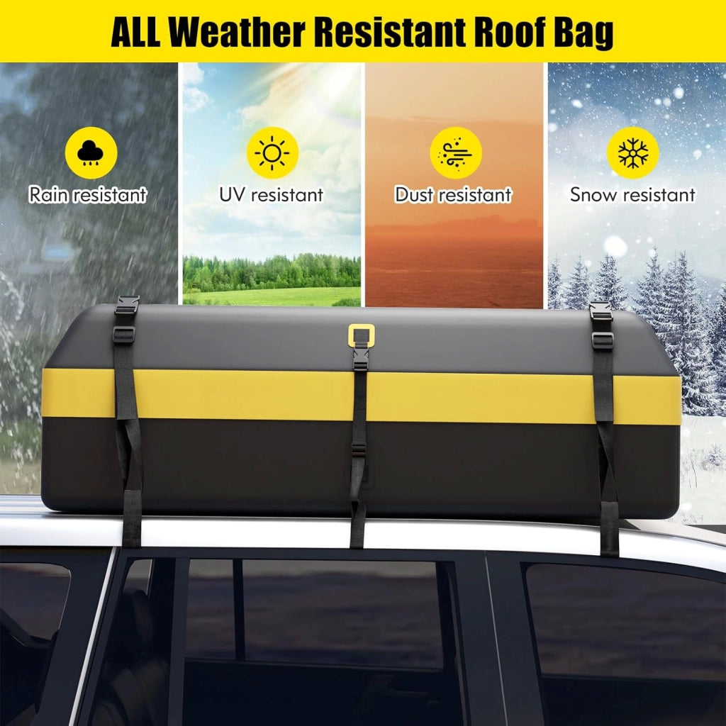 Box Tetto Auto 600 Litri, Portapacchi Auto Tetto 100 X 130 X 44 CM, Impermeabile con Tappetino Antiscivolo e Borsa per il Trasporto, Porta Bagagli Universale per Auto, SUV (Nero+Giallo-600L)